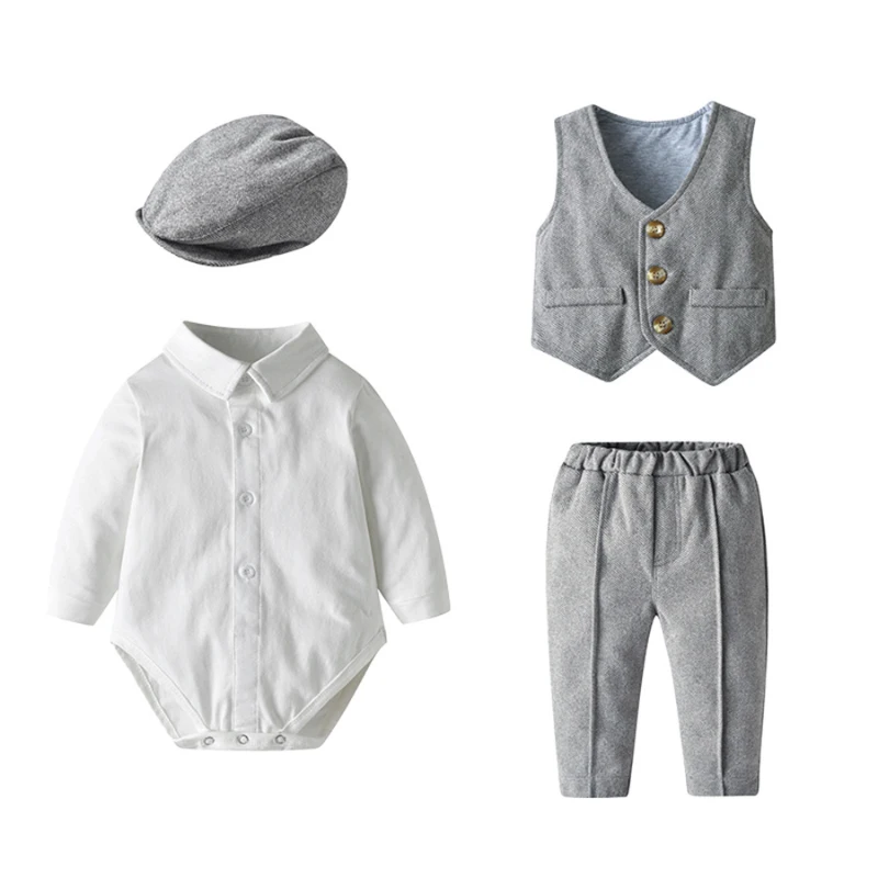 Wholesale Newborn Infant Boy Gentleman Outfits Suits Long Sleeve Romper Shirts+Pants+Vest+Hat 4PCS Clothes Set
