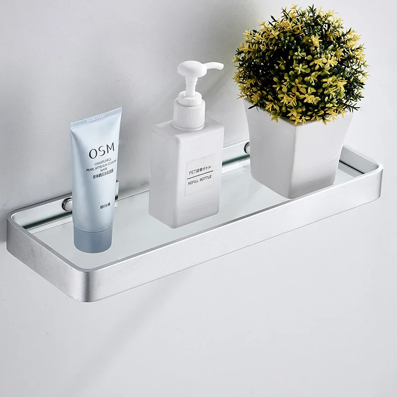 Bathroom Shelving Solution Rectangular Tempered Glass Bathroom Shelf Wall Mounted with Aluminum Frame Shower Storage Organizer