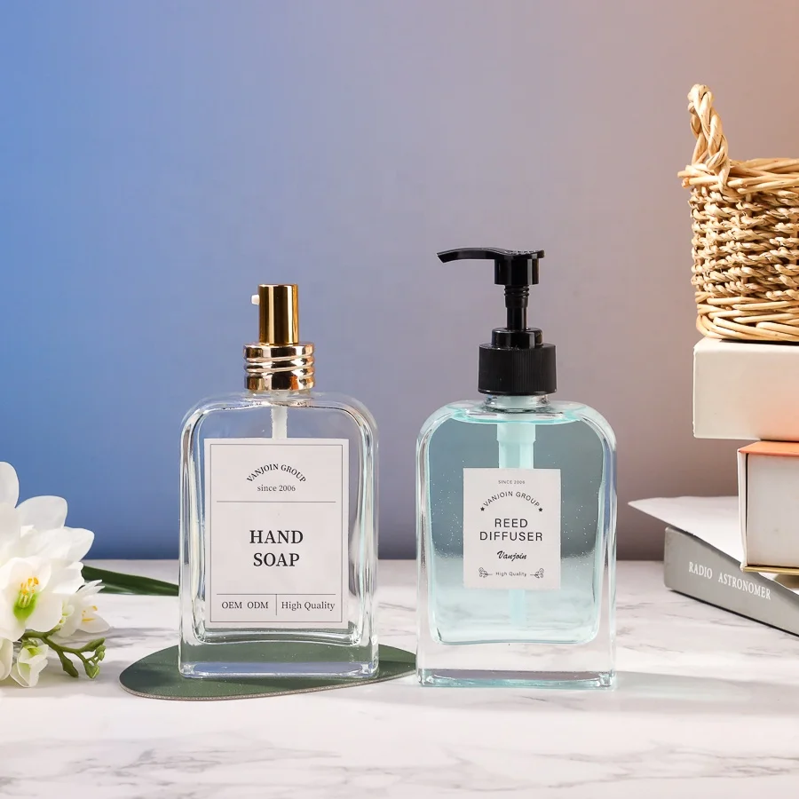 Refillable 200ml Flat Square Glass Bottle With 28mm Lotion Pump Trigger Pump Sprayer For Hand Washing Personal Care Use