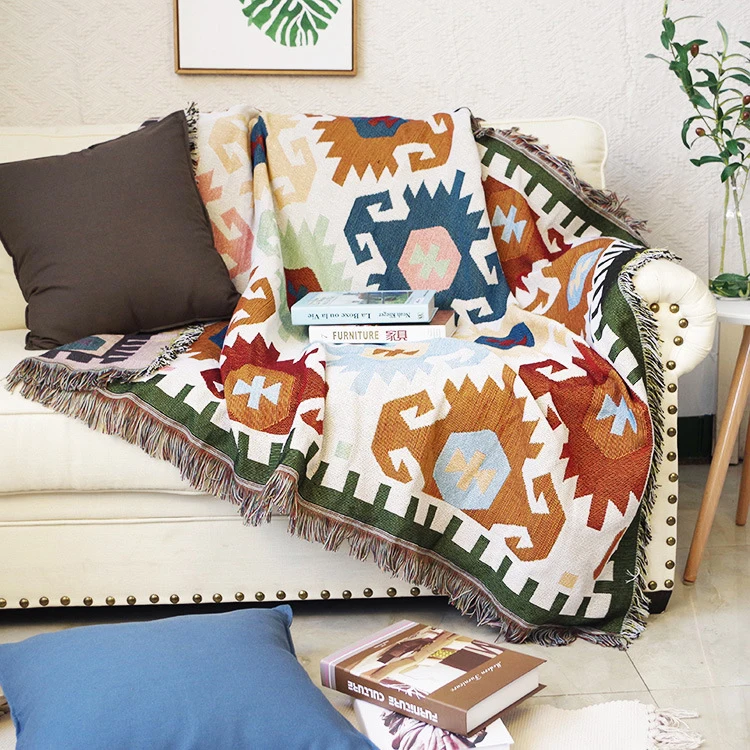 Mulan Bohemia Geometric Knitted Blanket Cotton Tassel Classic Retro Throw Multi Use Carpet Sofa Cover Gift