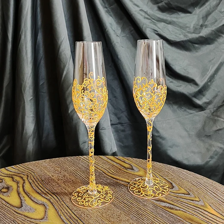 Handmade 200ml Gold Paintings Pattern Champagne Flutes Wedding Glasses Goblet