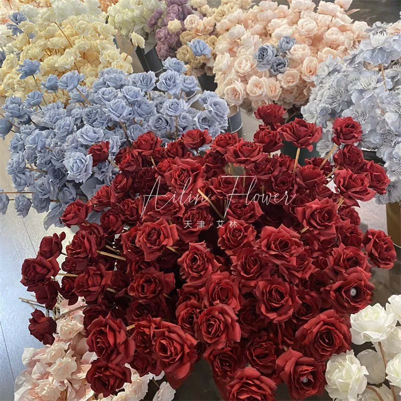 D-SR001 white rose cheap long stem 5 heads silk roses  artificial flowers for wedding home decor flower arch