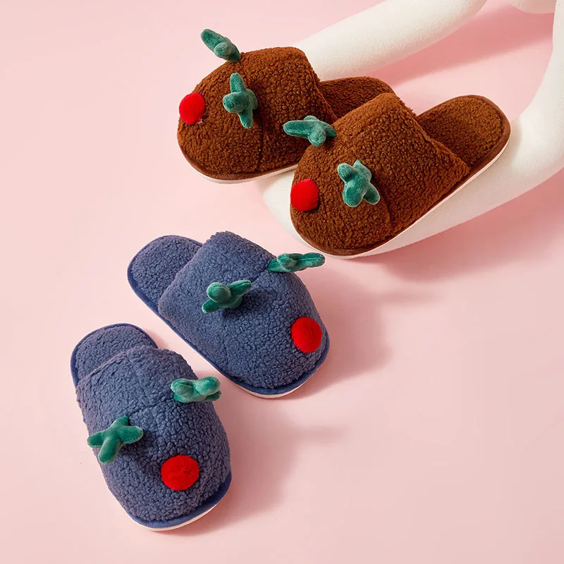 Christmas Present Women Cute Wapiti Slippers Puffy Winter Custom Animal Shaped Girls Dolls Indoor Flat Slipper Antlers Slippers