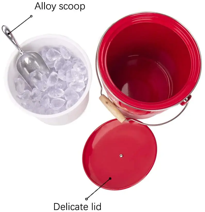Vintage Red 4L Metal Double Walled Ice Bucket Set For Home Kitchen Gifts With Lid wooden Handle And