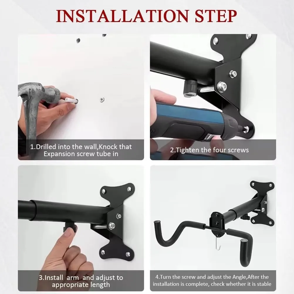 aluminium Bike Storage Rack Indoor Telescopic Double Hook Wall Mount Bicycle Parking Frame Display Stand with Foot Support