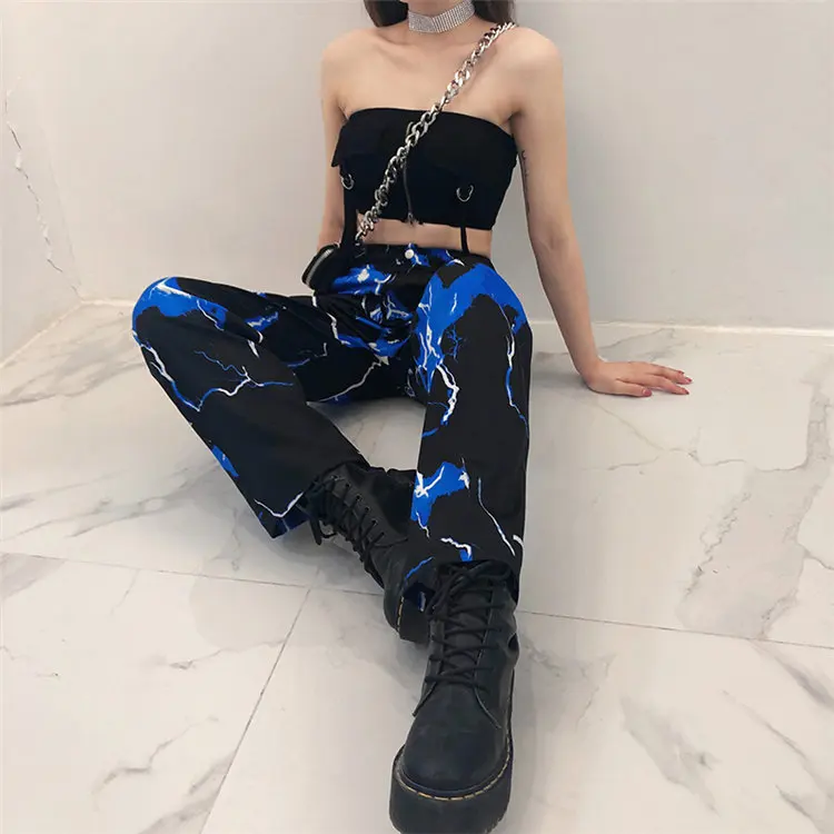 Best Fashionable Women Loose Track Pants Lightning Print Loose-fitting High-waisted Slacks Cargo Long Pants