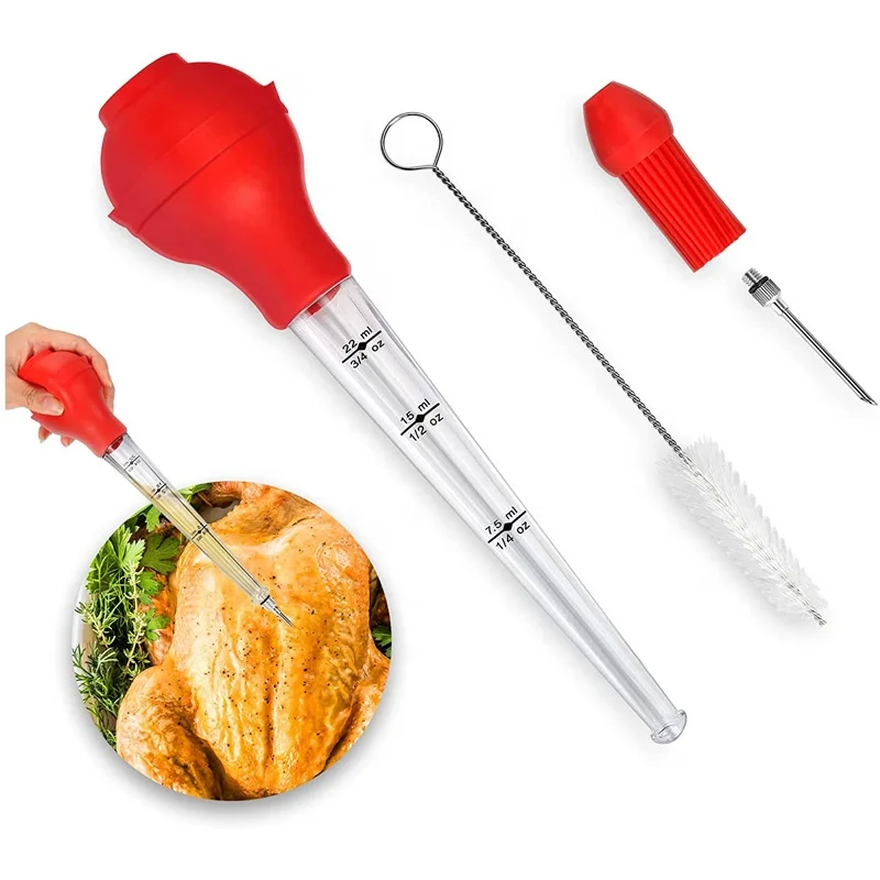 Multifunctional 4 in 1 set BBQ Barbecue marinade injector needles Cleaning Brush silicone long pump turkey baster with brush