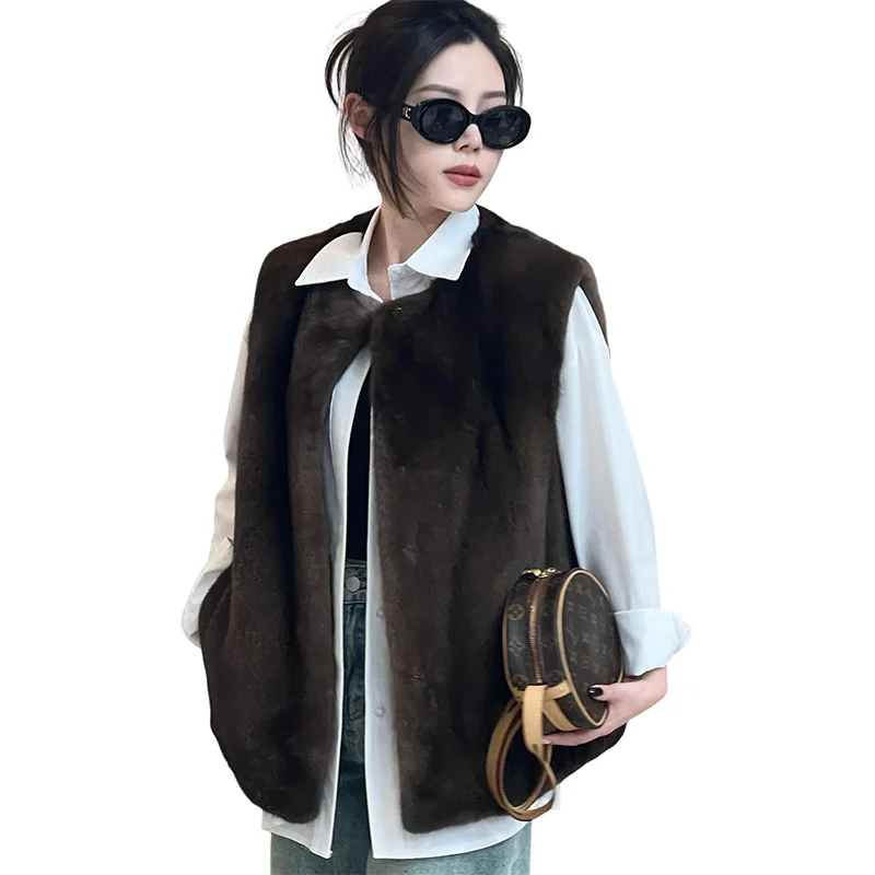 hot sale women winter comfortable stylish flattering boat neck collar hooked real mink fur vest