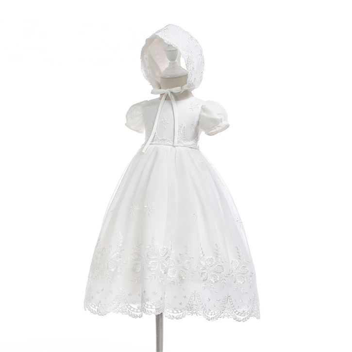 High Quality Baby Girl Christening outfits dress Short Sleeve White Birthday Infant Baptism Girl gown Dresses