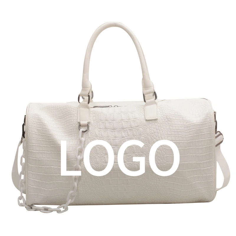 Custom Logo Crocodile PU Leather Waterproof Fitness Bag Outdoor Weekend Sports Travel Chain Tote Duffle Bag