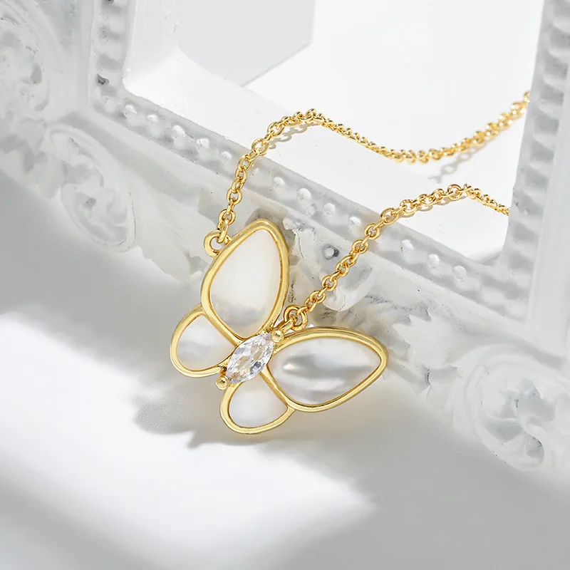 New Trendy Rose Gold Plated S925 Sterling Silver Butterfly Necklace S925 Cubic Zirconia Opal Butterfly Pendant Necklace