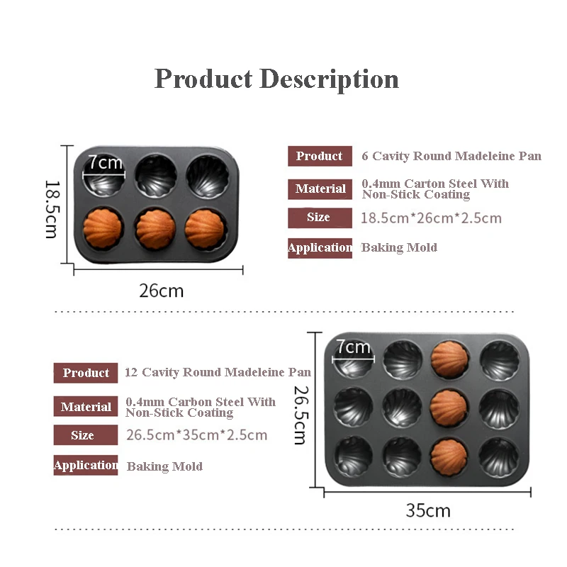 12 Cavity Non-Stick Carbon Steel Bakeare Shell Shaped Cake Baking Mold And Round Madeleine Pan Mold