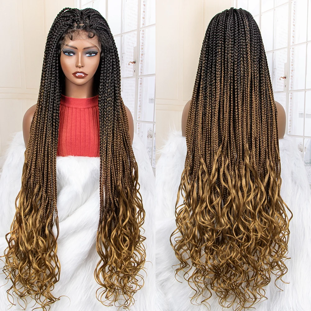 lace front box braid wig with curly end, different colors french curly loose wave braided wigs in stock