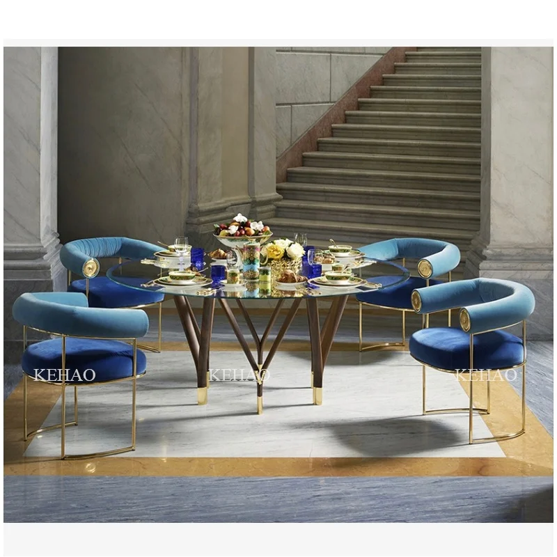 Italin Luxury Dining Furniture Set Modern glass Round Dining Table Set And 4 6 Velvet Dining Chair For Home Furniture