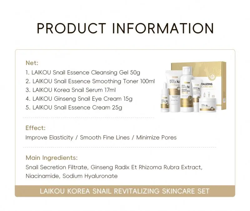 LAIKOU Skin Care Moisturizing Rejuvenating Repairing Firming Korea Snail Skin Care Set