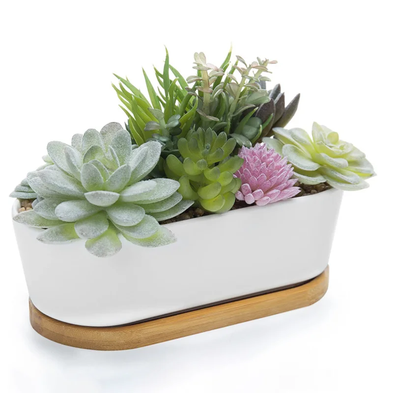 Minimalist White Creative Gardening Oval Ceramic Succulent Planters with Bamboo Tray - Ceramic Planter Set