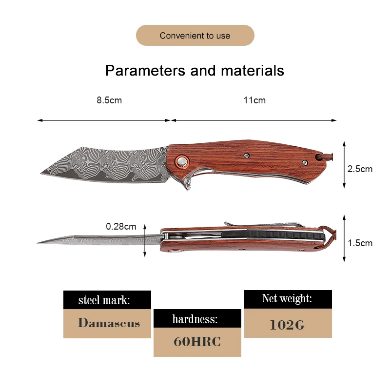 Free Sample Quality Damascus Blade EDC Pocket Knife Customized Folding Wooden Handle Camping Survival OEM Gift Collection Knife