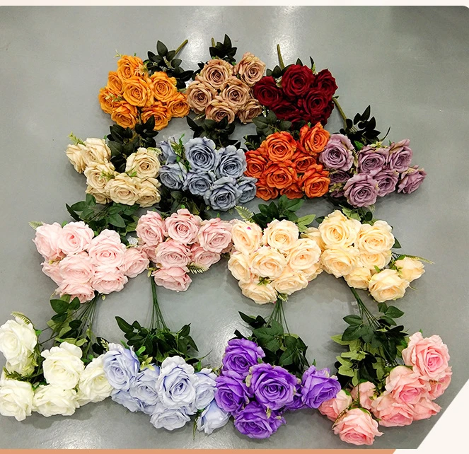 9 Heads Roses Flowers Bulk Wholesale white Rose Silk Flowers Roses Bouquet Artificial Flower Artificial Teal Rose Flowers