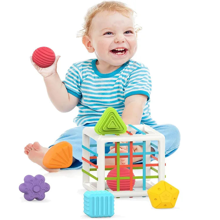 Baby Sorter Toy Colorful Cube and 6 Pcs Multi Sensory Shape Montessori Educational Developmental Learning Toys