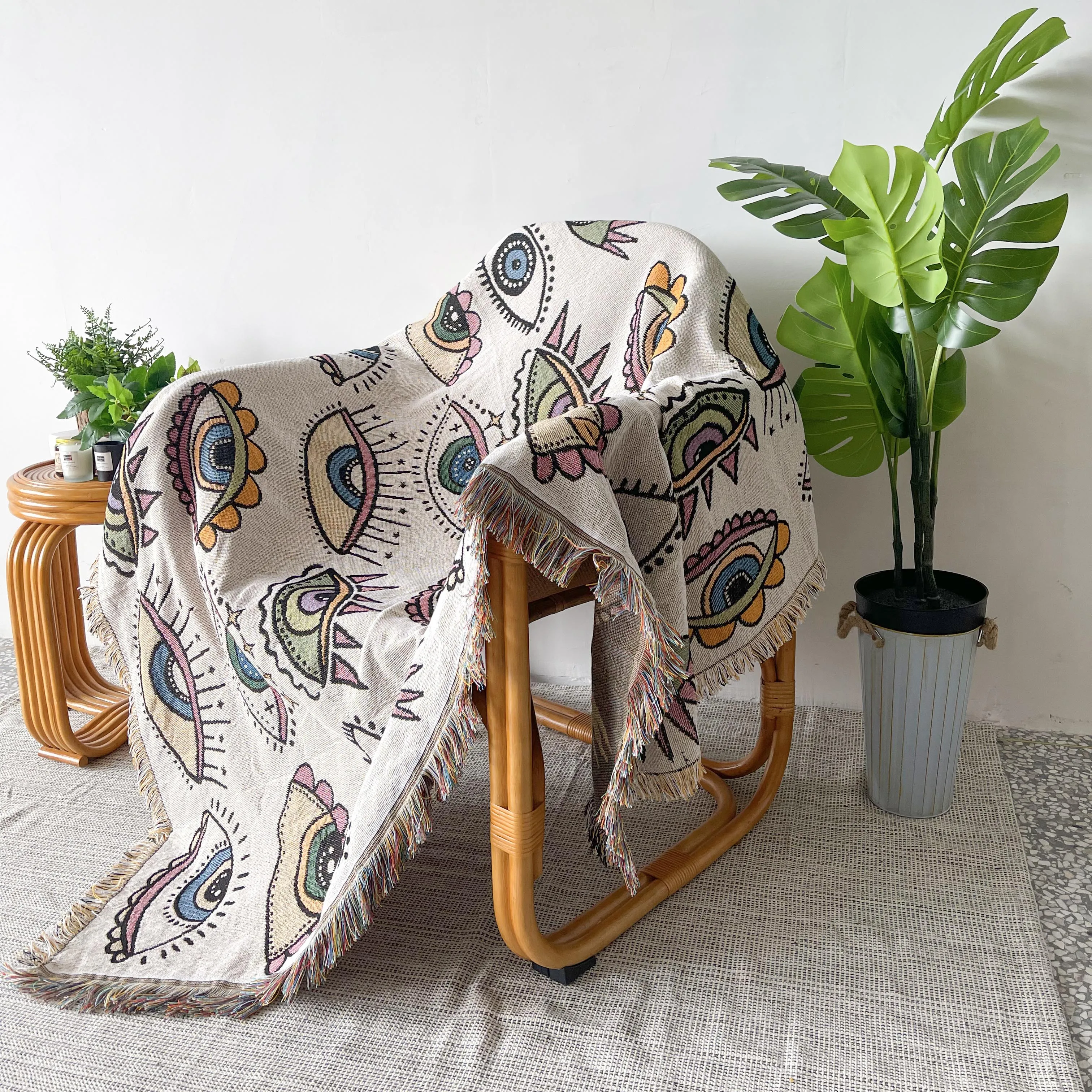 Wholesale high quality manufacture multifunction turkish hand woven evil eyes tapestry cotton polyester blanket