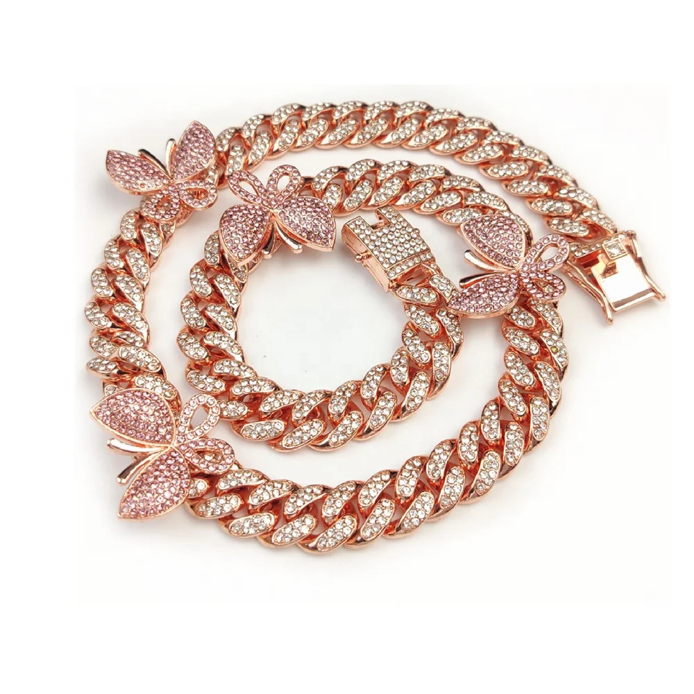 Custom Ice Out Cuban Link Chain Butterfly Charms Necklace Jewelry
