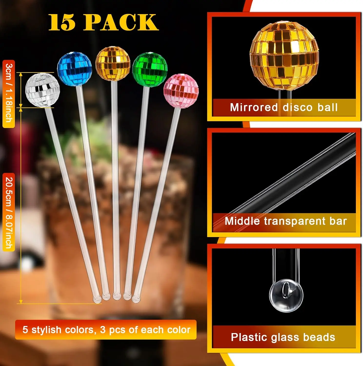 Party Home Bar Shop Plastic Round Top Swizzle Sticks Multicolored Mirror Disco Ball Coffee Beverage Drink Mixing Cocktail Stirre