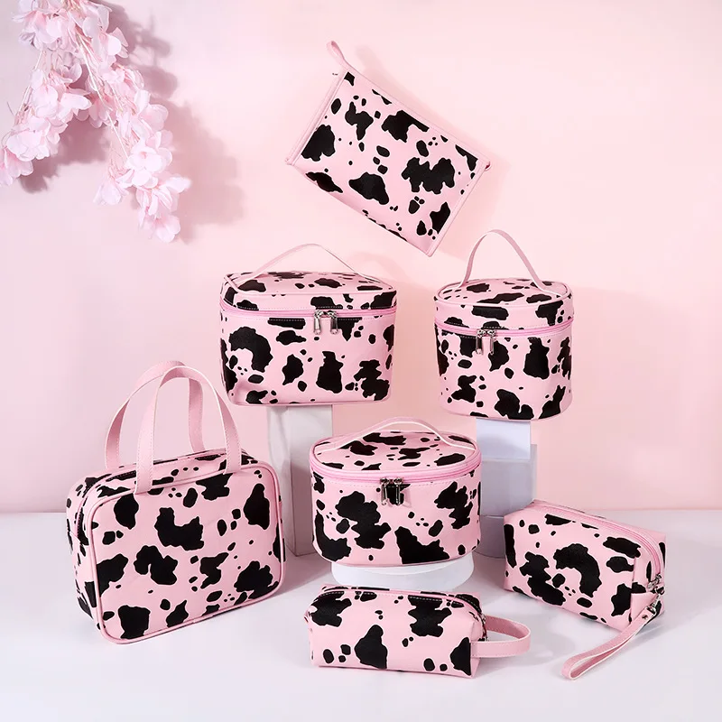 Ins New Large Portable Wash Bag Waterproof Cow Pattern PU Leather Cosmetic Cases