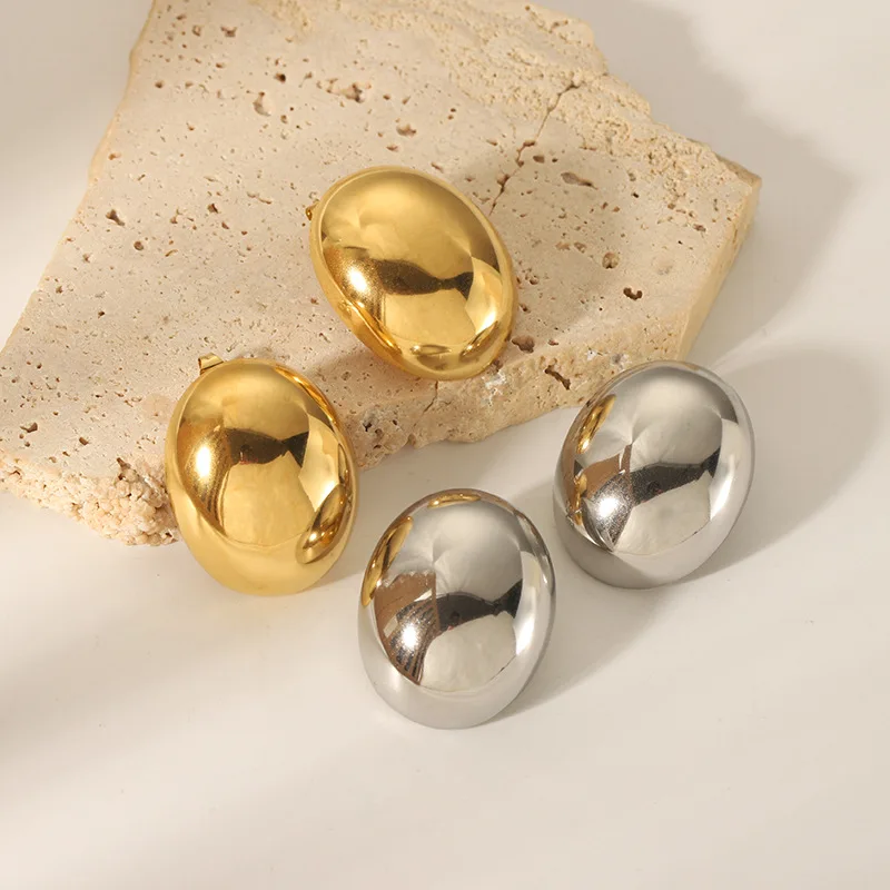 New Waterproof Stainless Steel 18K Gold Plated Earrings High Polish Chunky Gold Oval Earrings Studs