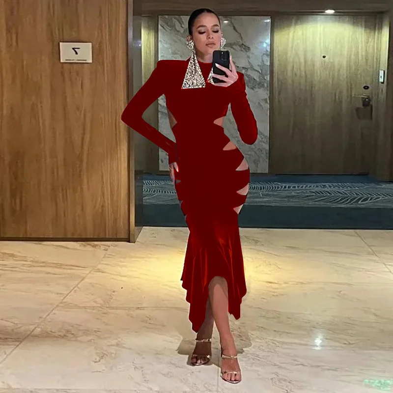 Autumn winter new Korean velvet hollow out dress ladies sexy bodycon dress elegant women dress