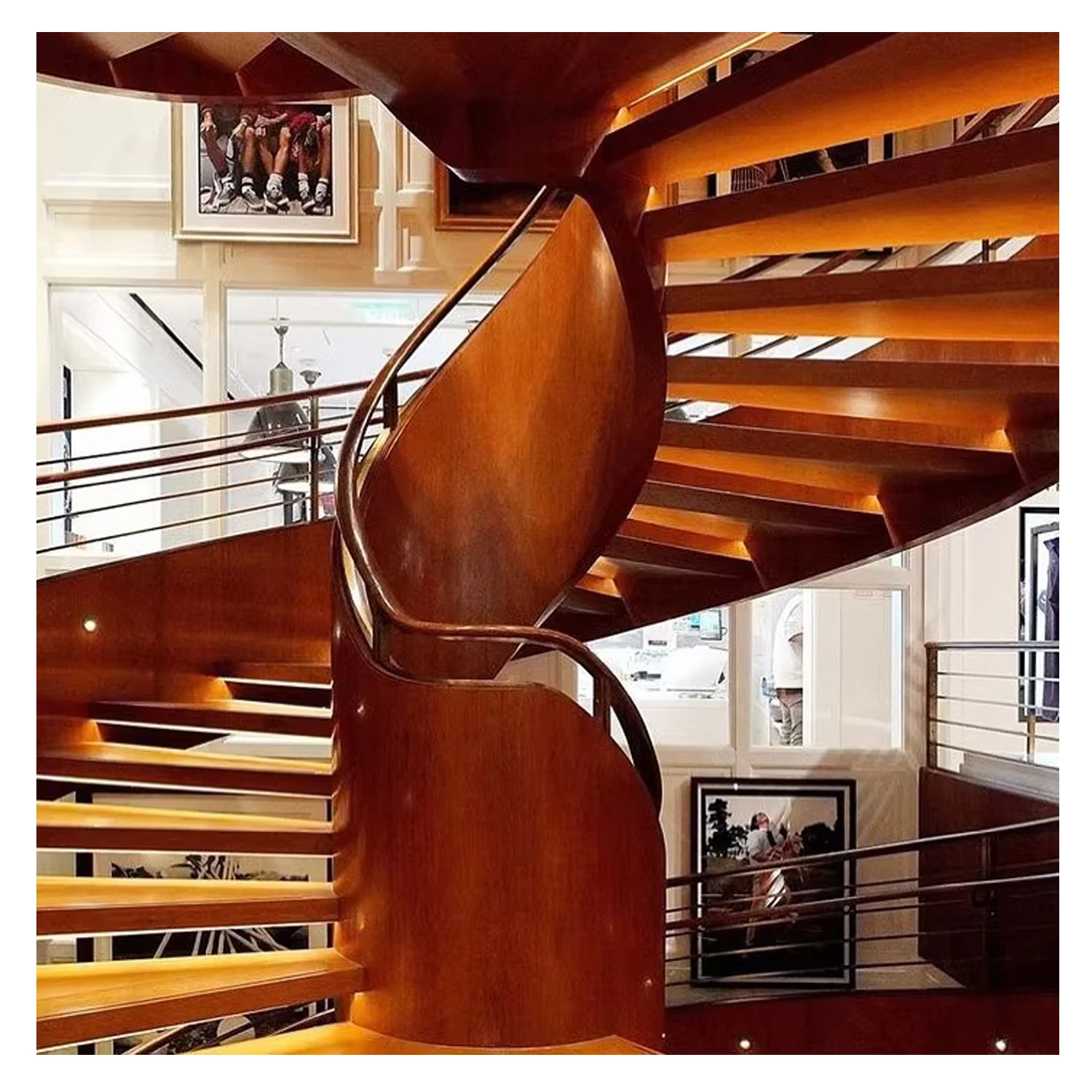 Open Wood Curved Staircase Design Glass Handrail Stainless Steel Railing Metal Contemporary Indoor Stairs