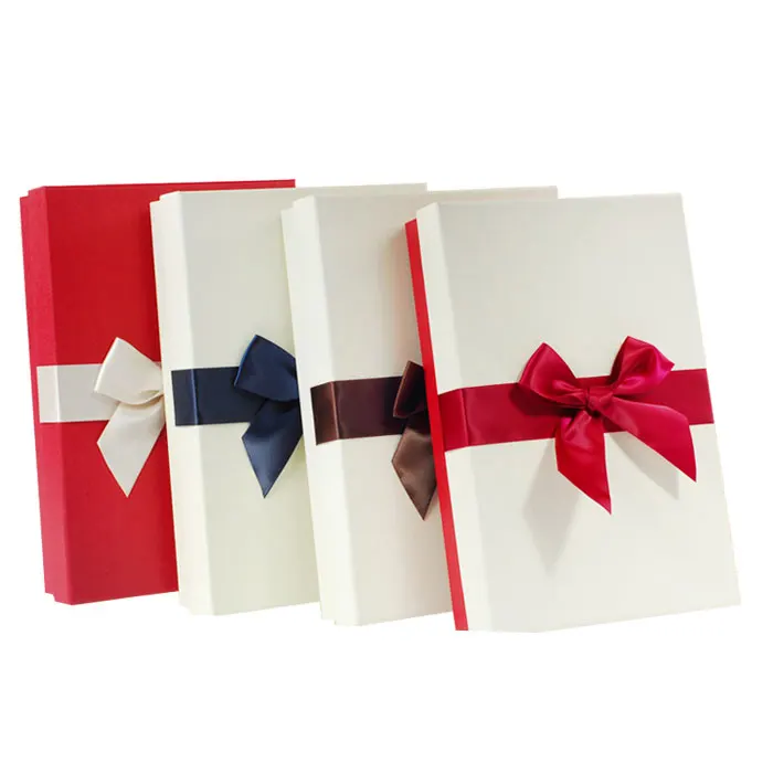 Custom made rigid setup gift box flip top book shaped packaging gloves magnetic lid gift box with ribbon bow
