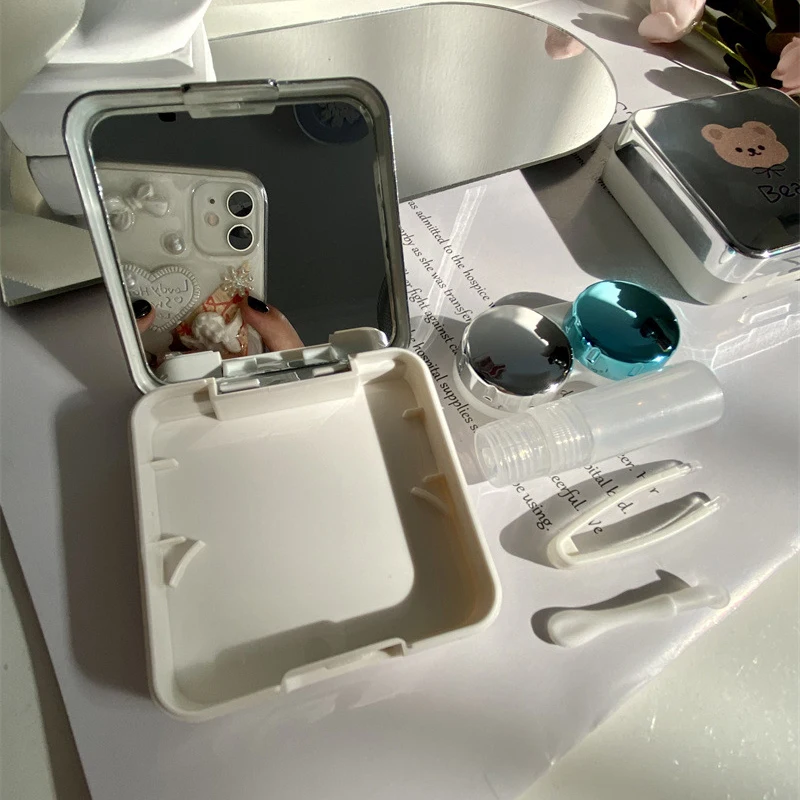 Simple Bear Mirror Contact Lenses Case Set Handy Lens Cosmetic Cabinet Travel Korean Style Custom Logo Cosmetic Box Fabricantes