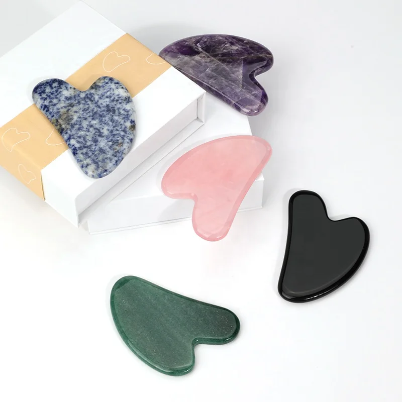 Custom Logo Heart-Shaped Gua Sha Personalized Guasha Board Natural Quartz Jade Stone Amethyst Facial Massager