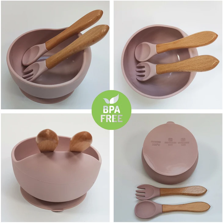 
Custom Logo Kids Feeding Silicone Baby Bowl Set Bib Suction Plate with Wooden Handle Spoon Fork 