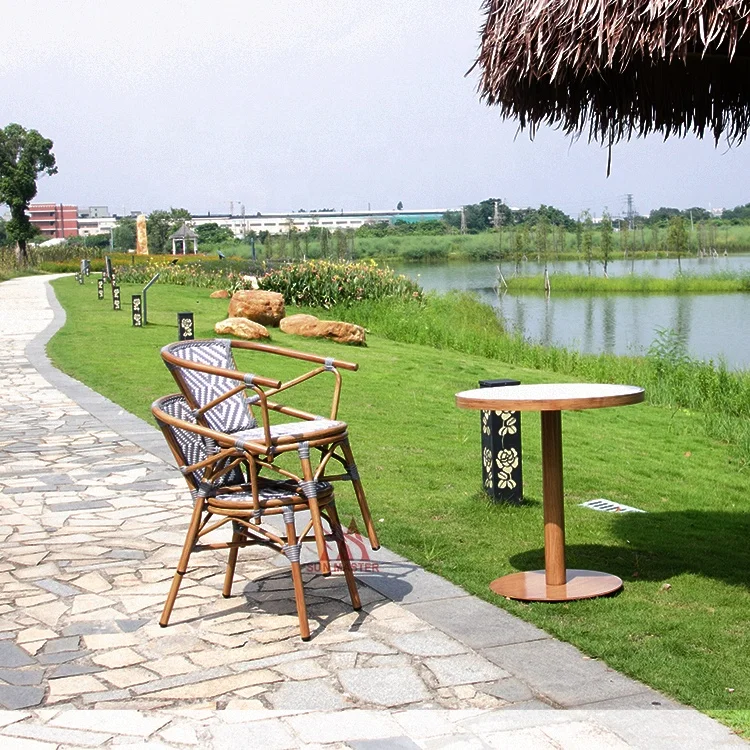 Modern Outdoor Furniture French Bistro Rattan Wicker Stackable Metal Chair Cafe Garden Patio Terrace Chair And Table Dining Set