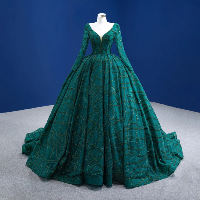 2024 Long sleeve Dark Green Ball Gown Prom Evening Birthday Party Dress Graduation Gown Beaded Lace Applique Wedding Dress