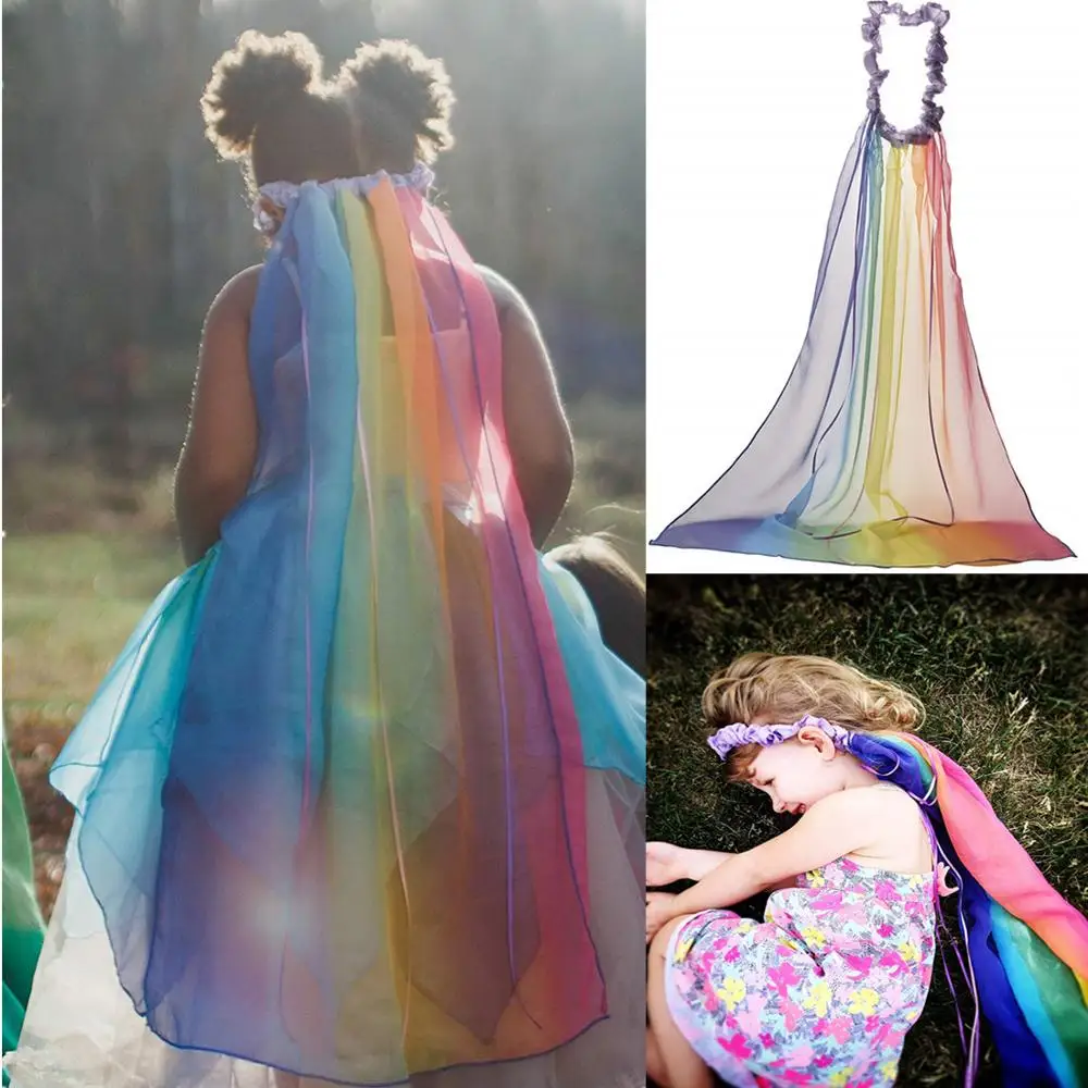 Лидер продаж, детская Радужная накидка с лентой для волос, детское маскарадное платье