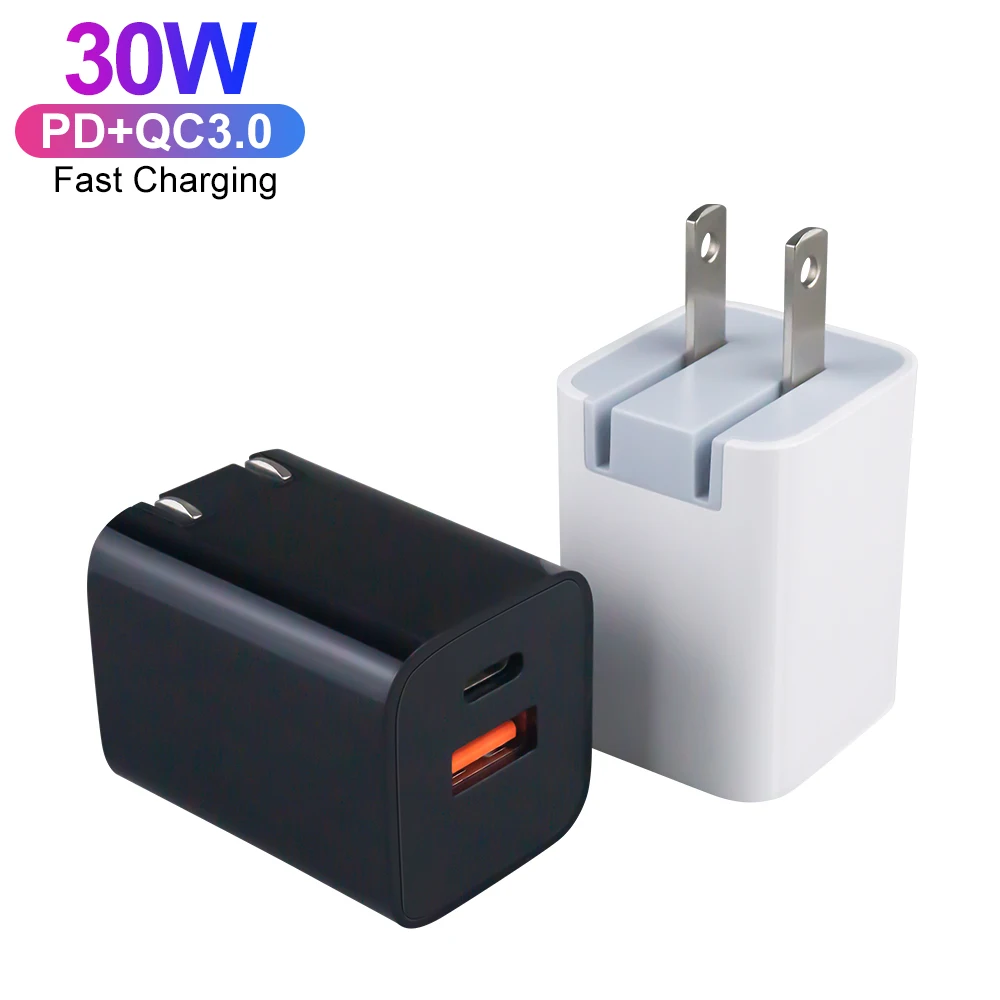 US Folding Plug ETL PPS Certification PD 30W+QC 3.0 18W Dual Port Fast Wall Charger For iPhone Samsung Xiaomi