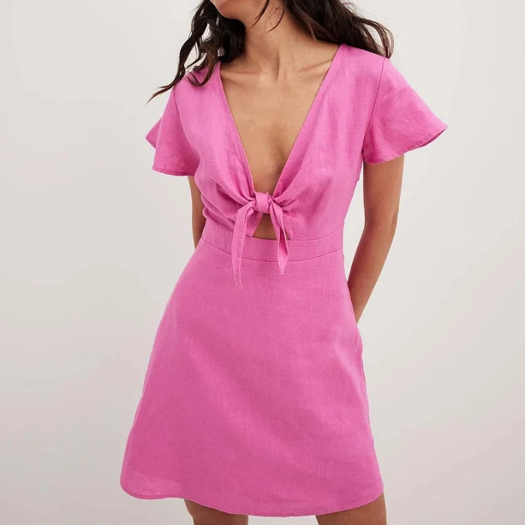 Custom Logo New Design High Quality Tie Front  Dress Mini Casual Dress Spring Summer Women Linen Dresses