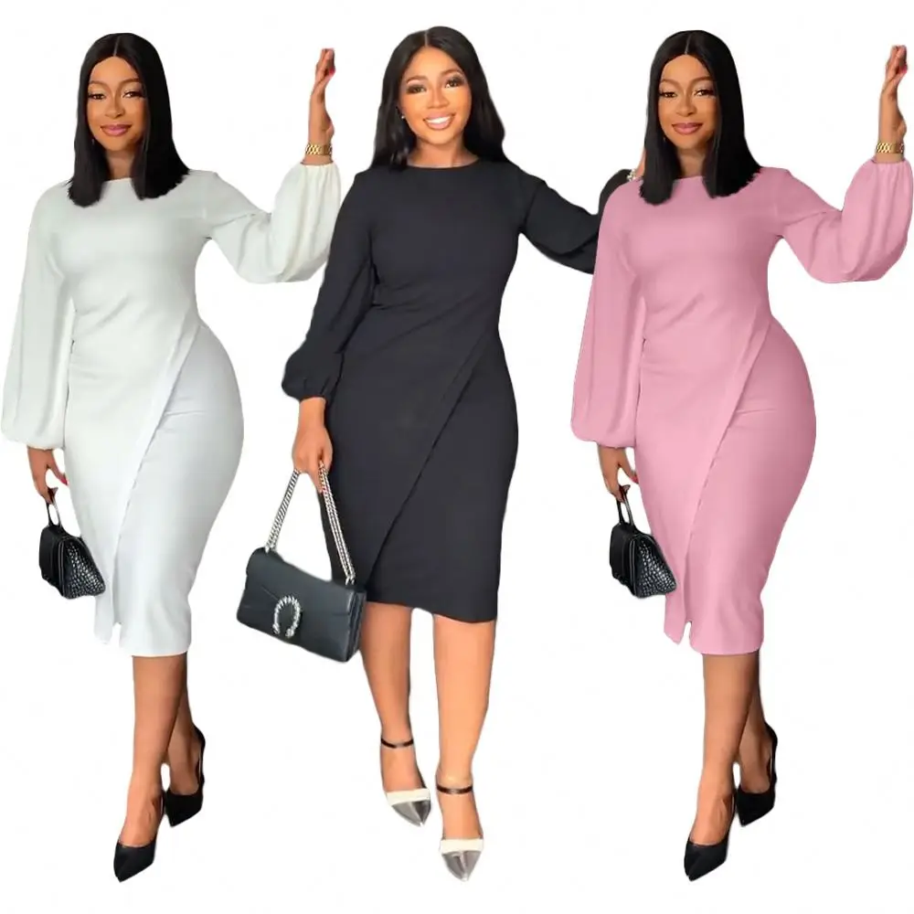 BNS 2023 New Arrival Women Modest Work Career Dresses Round Neck Puff Sleeve Slim Midi Dress Elegant Dress Ladies Office Wear