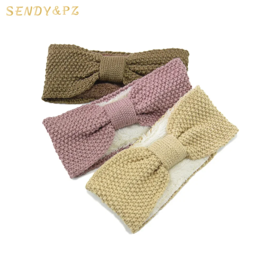 Hot Sale Winter Knitted Bow Hair Band Fleece Lined Headbands Soft Stretch Headwrap Knotted Crochet HairBand Accessories