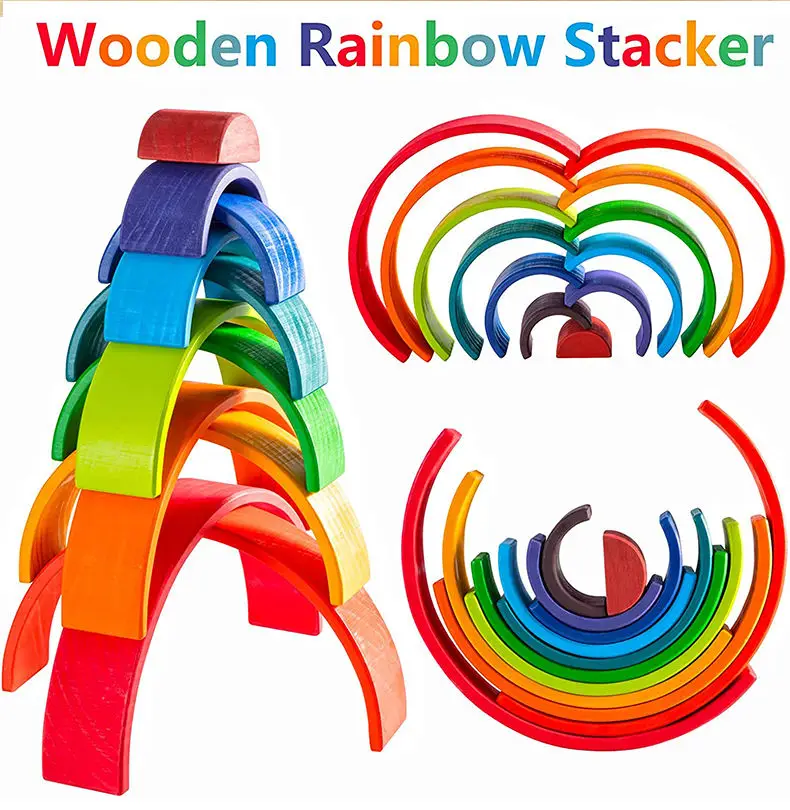 Baby 6 Months Rainbow Color Stacking Educational Kids Montessori Wooden Toys For Kids Sensory Toys