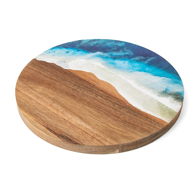 OEM Natural Acacia Wooden Custom UV Printing Round Chopping Blocks Rotatable Cutting Boards for Kitchen