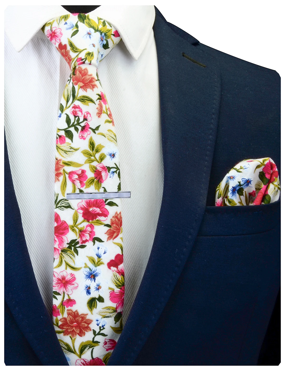 Wholesale Mens Cotton Printed Floral Skinny Neck Ties 6cm Necktie with Pocket Square Hanky Tie Clip Set