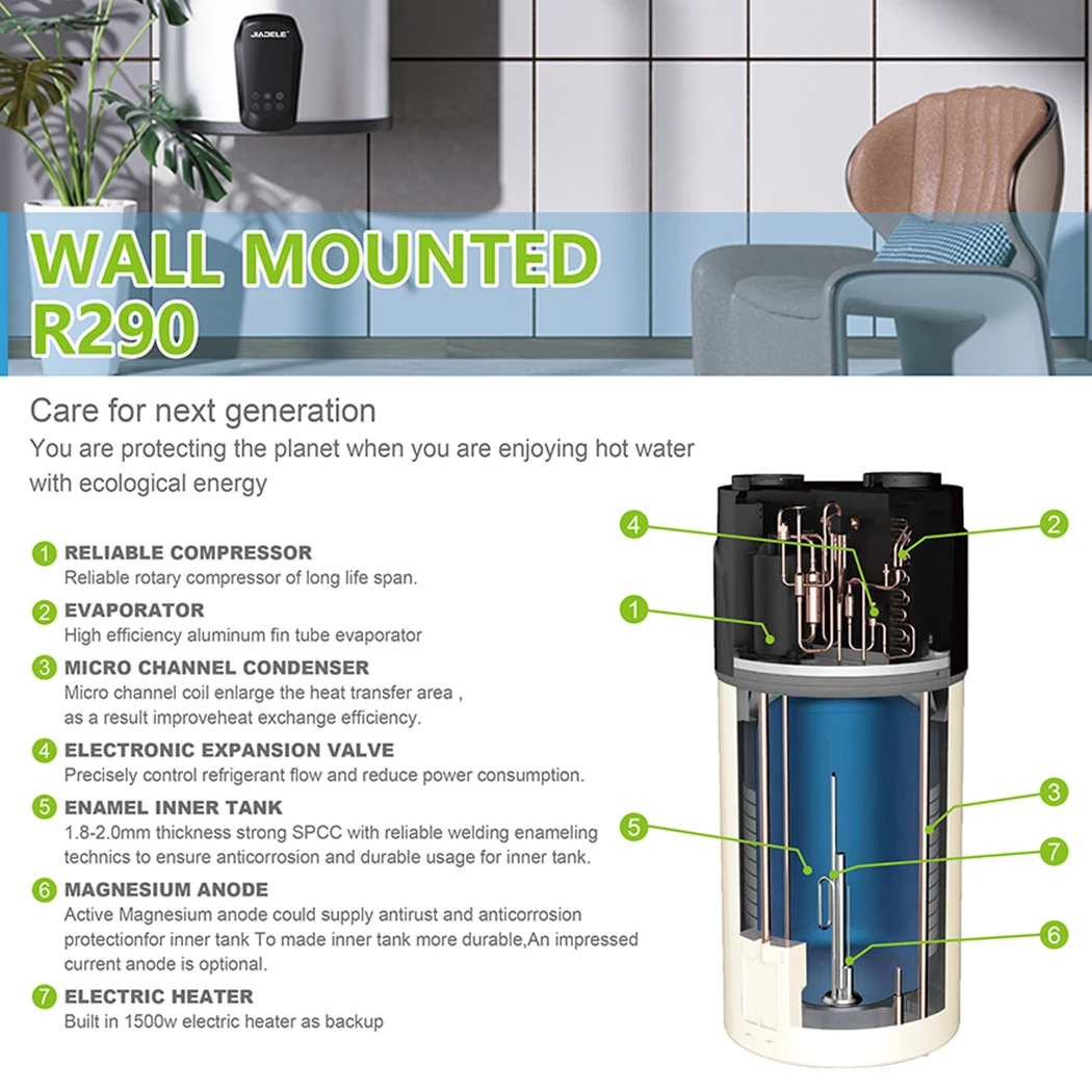 JIADELE R290 Wall Mounted Heat Pump System Hybrid Hot Water Heater Boiler 80L 100L Air Heating for Household