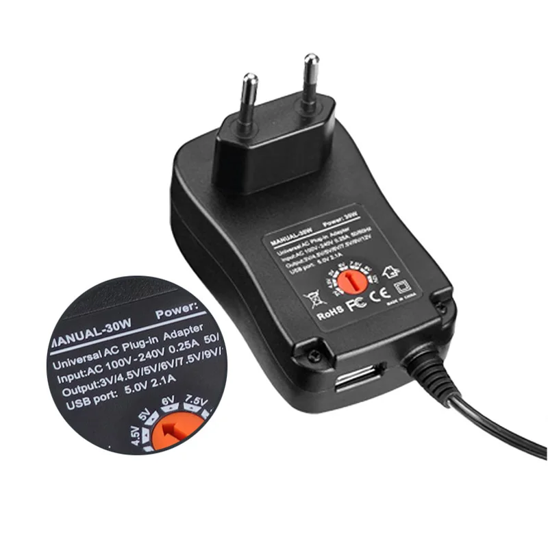 30W 3/4.5/5/6/7.5/9V/12V Volt AC/DC Adapter Power Supply Charger- 2Amps