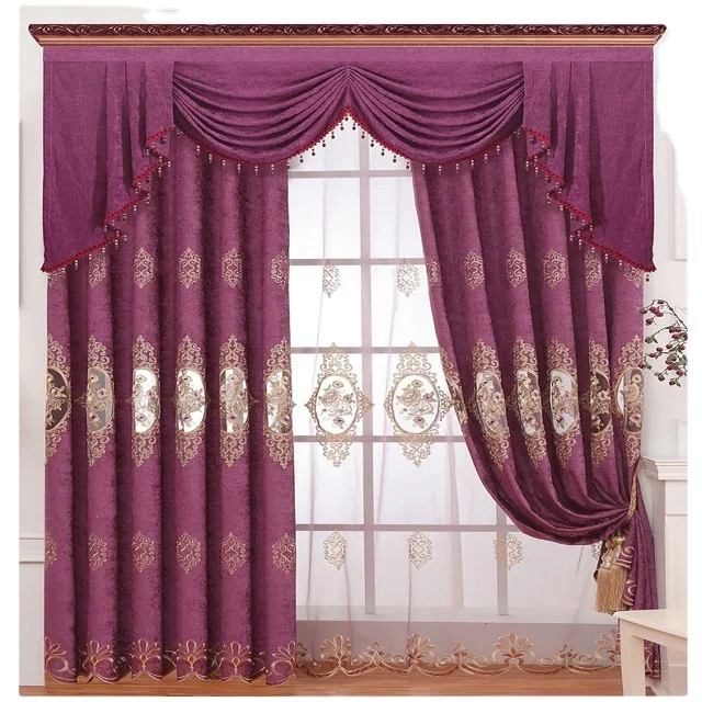 European style chenille hollow embroidered luxury purple curtain