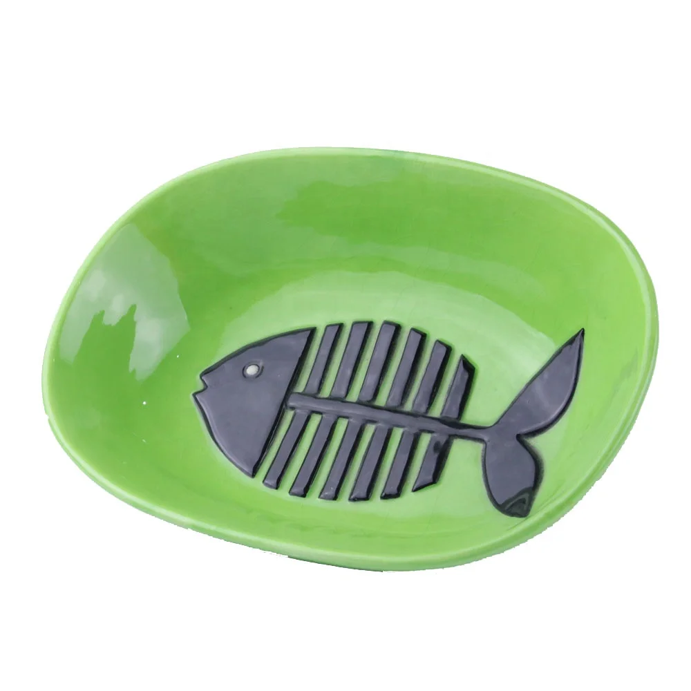 Custom ECO-Friendly ceramic oval cat feed bowl Green Cheap with fish bone desgin