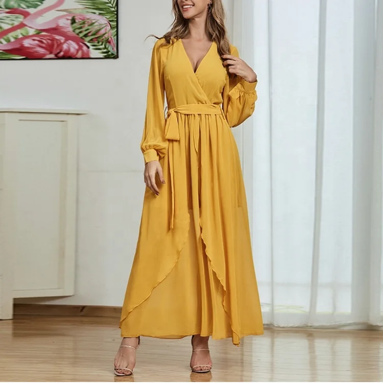 2022 long sleeves Fashion factory Custom Lady Chiffon Ruffle Maxi Tunic Dress Vestidos Women Elegant Summer Casual Dresses
