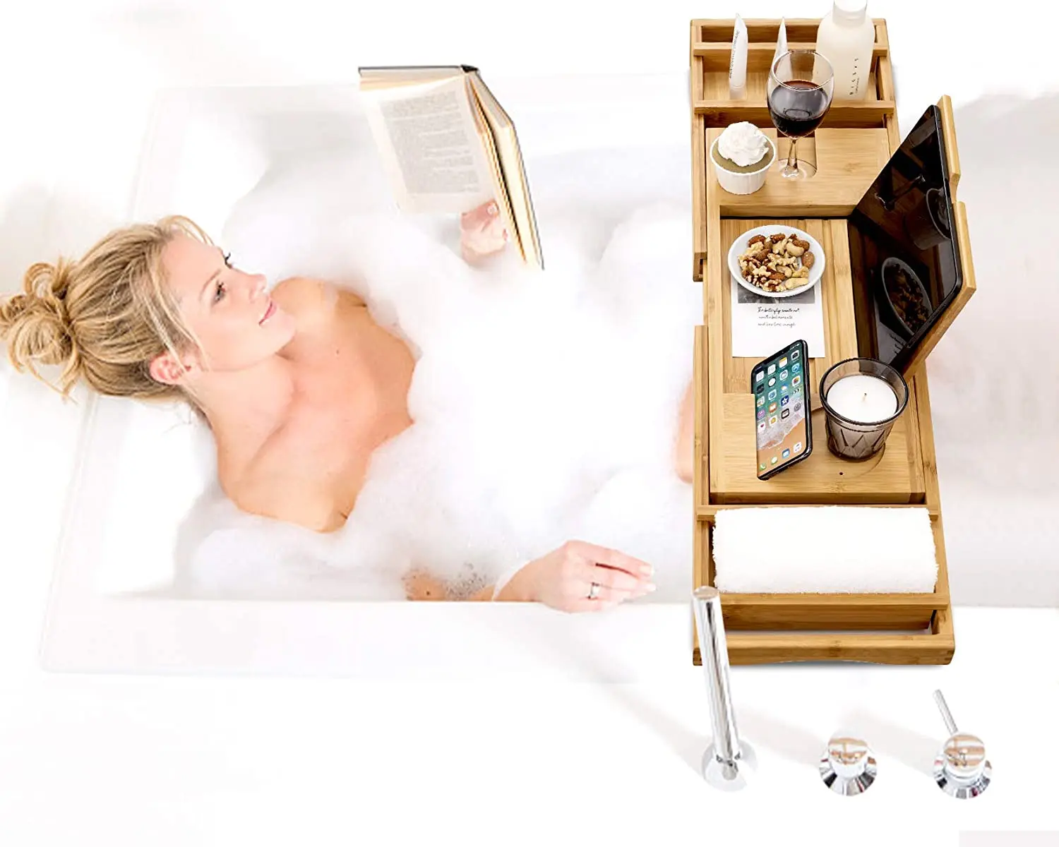 Bamboo Bathtub Caddy Tray Expandable Non-slip Bathtub Tray  Durable Bath and Bed Tray with Free Soap Holder